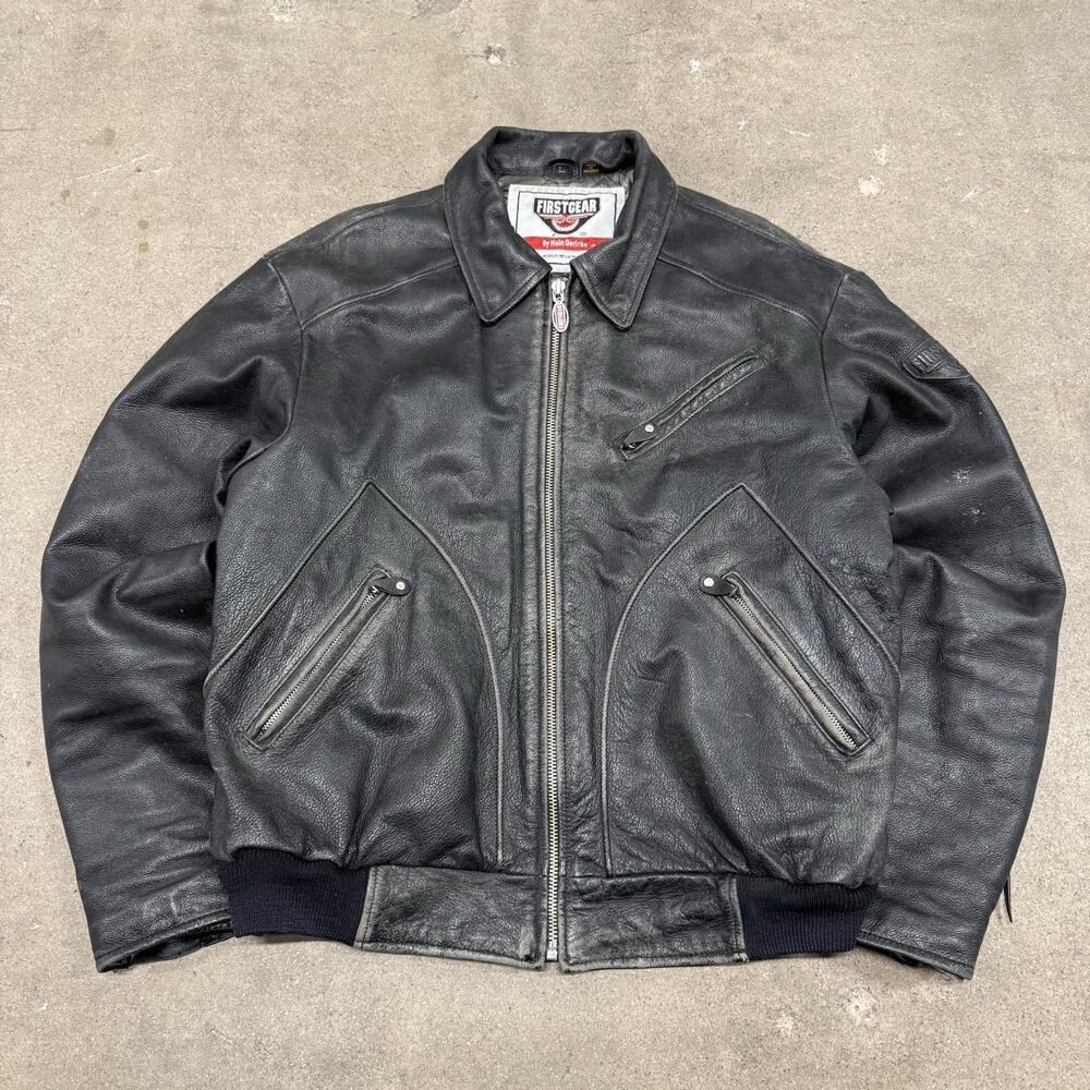 First Gear Hein Gericke Heavy Genuine Leather Motorcycle Full Zip Black Jacket L